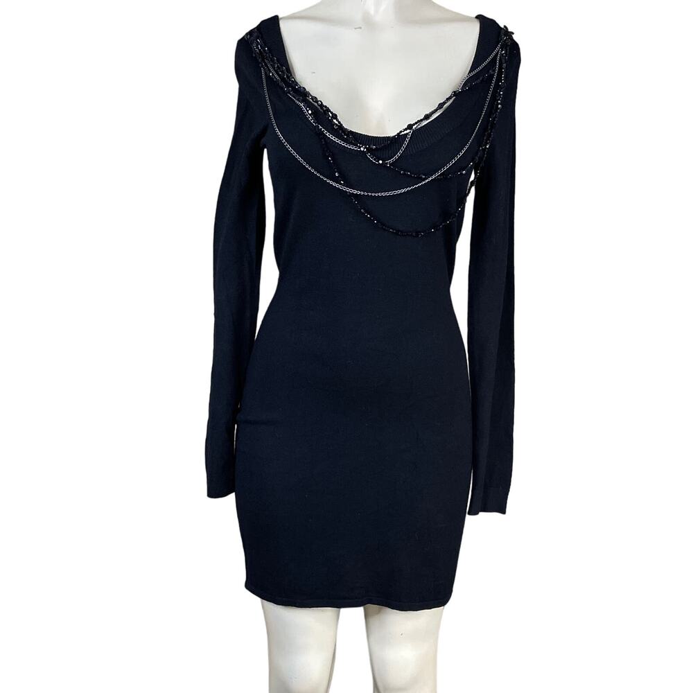 Express Sweater Dress Attached Beaded Necklace Long Sleeve Black SZ Small